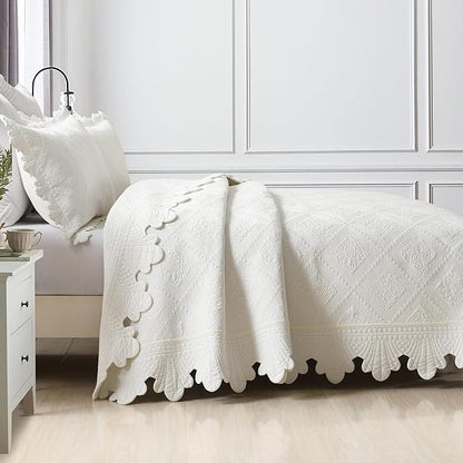 MarCielo 3-Piece 100% Cotton Oversized Bedspread Lightweight Quilt Coverlet Embroidery Farmhouse Bedding Set (TK White, Oversized King (118"x106"))