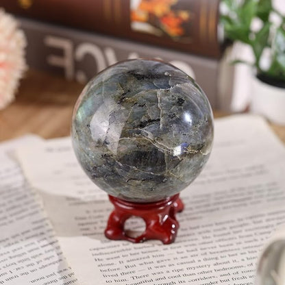 moonsix Natural Labradorite Crystal Sphere with Resin Stand Healing Energy Stone Decorative Ball Sculpture for Home Office Tabletop, 61-70 mm
