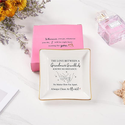 Grandma Gifts from Grandkids, Gifts for Grandma Jewelry Tray Dish - The Love Between A Grandma & Grandkids Knows No Distance, Grandmother Birthday Christmas for Grandma