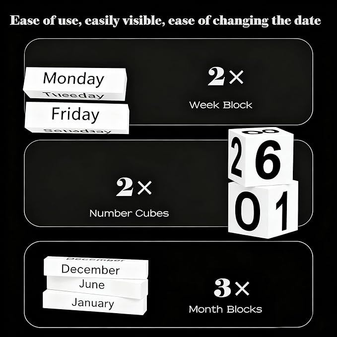 Black Perpetual Calendar Wooden Block Desk Decor Calendar - Black and White Office Desktop Accessories for Men Modern Farmhouse Teacher Classroom - Reusable & Aesthetic
