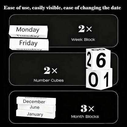 Black Perpetual Calendar Wooden Block Desk Decor Calendar - Black and White Office Desktop Accessories for Men Modern Farmhouse Teacher Classroom - Reusable & Aesthetic