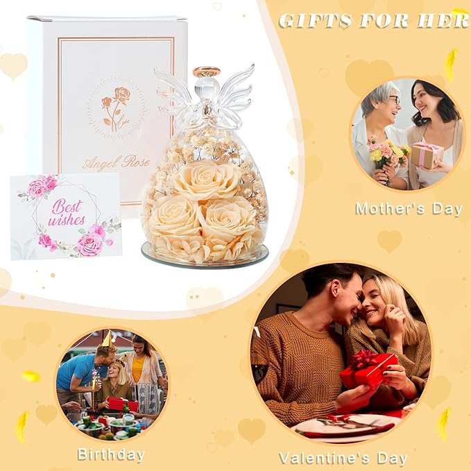 Beferr Valentines Day Rose Gifts for Her Women Mom Gifts for Birthday, Fresh Flowers for Delivery Prime Forever Preserved Rose in Glass Angel Figurine, for Grandma Wife Kids Daughter