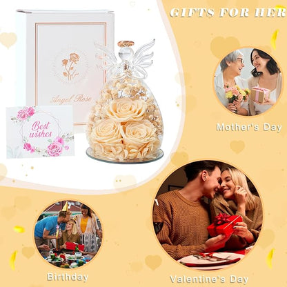 Beferr Valentines Day Rose Gifts for Her Women Mom Gifts for Birthday, Fresh Flowers for Delivery Prime Forever Preserved Rose in Glass Angel Figurine, for Grandma Wife Kids Daughter
