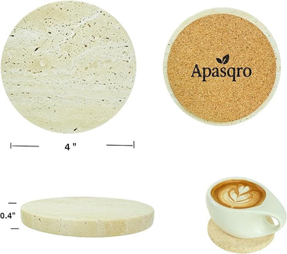 Natural Travertine Stone Coasters Set of 4 with Cork Backing – 4” (10cm) Round Absorbent Drink Coasters, Non-Slip Coffee Table Protectors, Rustic Farmhouse & Modern Décor, Gift-Ready