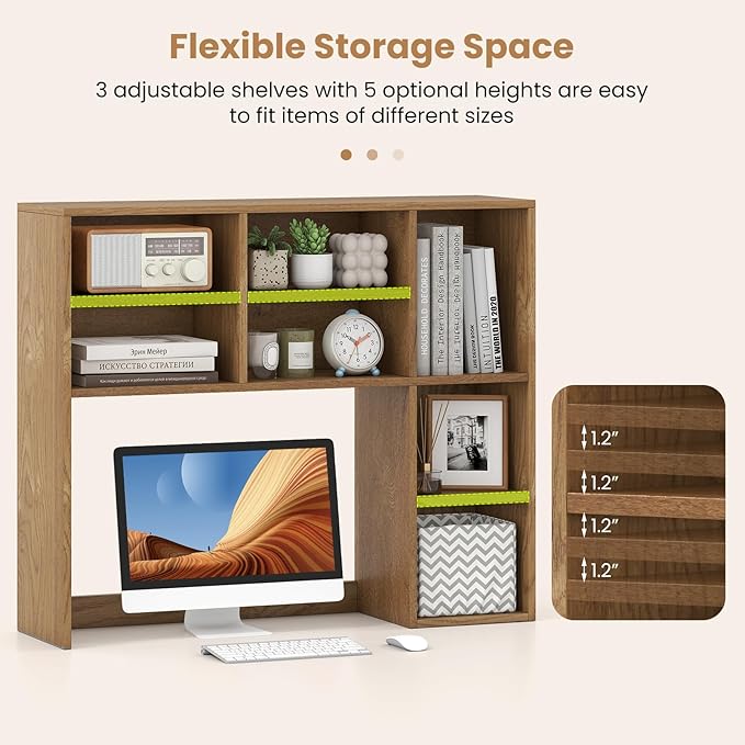 GOFLAME Desktop Bookshelf, 37” Desk Organizer Shelf with 7 Cubes & 3 Adjustable Shelves, 3-Tier Wood Countertop Display Rack, Multipurpose Tabletop Desk Hutch for Dorm, Home Office (Natural)