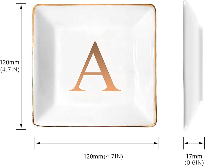 ANOTION Jewelry Tray Ring Dish with Ini-tial Gift- Personalized Trinket Dish and Jewelry Dish with Gold Initials Key Bowl Ceramic Holder, Unique Wedding or Engagement Present