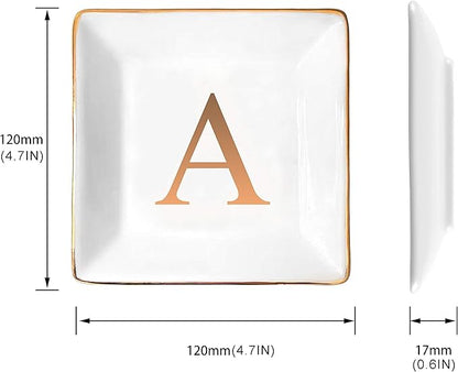 ANOTION Jewelry Tray Ring Dish with Ini-tial Gift- Personalized Trinket Dish and Jewelry Dish with Gold Initials Key Bowl Ceramic Holder, Unique Wedding or Engagement Present