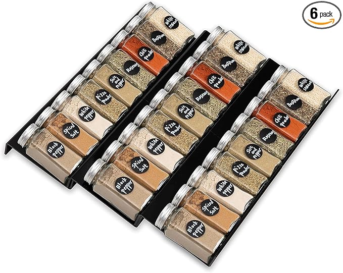 6PCS Expandable Spice Drawer Organizer Insert, Adjustable Tiered Countertop Tray for Spice Jars - Fits Kitchen Drawers (6, Black)