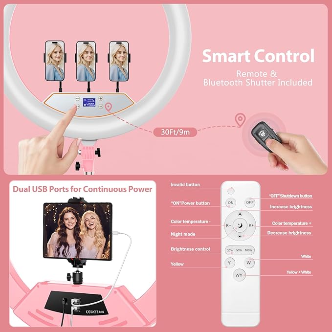22" Large Ring Light with Stand,Foldable LED Big Ring Light Tripod for iPhone Phone Ipad, 75" Tall Tripod Touch Screen,Wireless Remote for Live Stream,YouTube,TikTok Video Shooting Pink