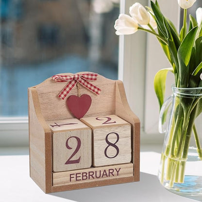 uxcell Wooden Desk Calendar, Wood Block Perpetual Calendar Vintage with 5 Blocks & Heart Reusable Month Date Display for Desk Office Home Desktop Decoration, White