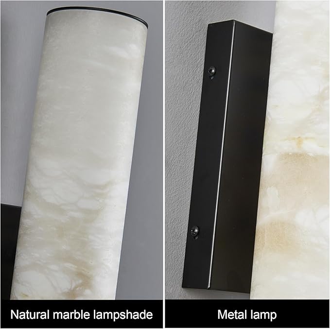 LMQNINE Natural Alabaster Wall Sconces Set of Two Spanish Marble Wall Light Cylinder Modern Black LED Sconce for Living Room Bedroom Bathroo Stairs（S-2Pack）