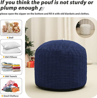Round Stuffed Pouf Ottoman for Foot Rest, Storage Ottoman Pouf Foot Stool Cushion, Faux Fur Poufs with Foam Chunk Filling, 20 X 15 Inch Floor Chair for Living Room Bedroom Home Decor, Navy Blue