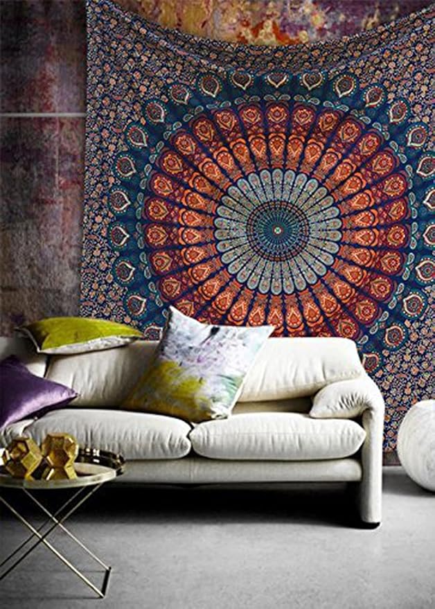 Raajsee Mandala Tapestry Wall Hanging – Blue Orange, 100% Cotton, Boho Hippie Decor, Twin Size (52x82 Inches / 132x208 cm) – Beach Throw, Bedspread, Meditation Yoga Mat
