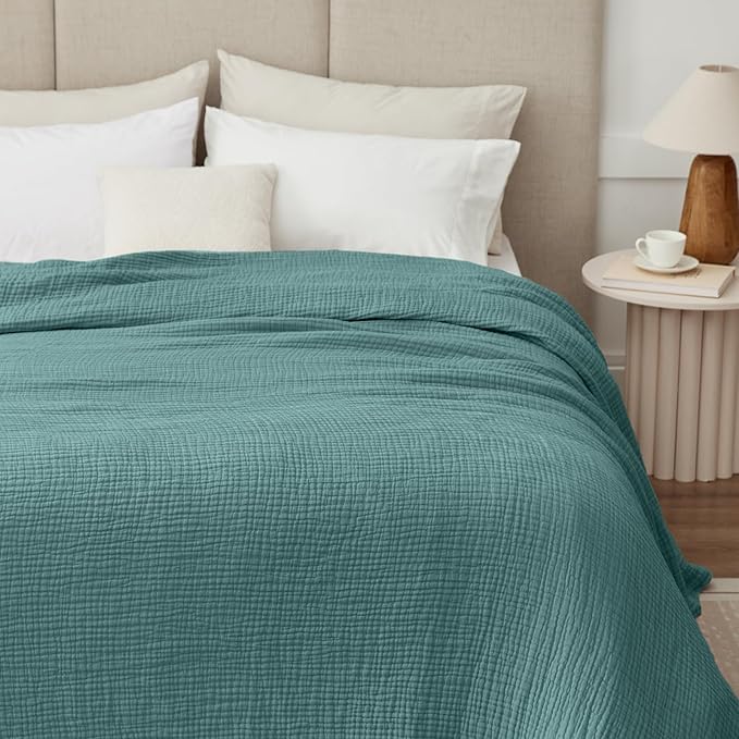 100% Cotton Muslin Blanket Queen 90" x 90", 6 Layers Breathable and Lightweight Cotton Throw Blanket for Bed, Soft Quilt Bedspread Coverlet, Gauze Blanket for Adults All Season, Teal