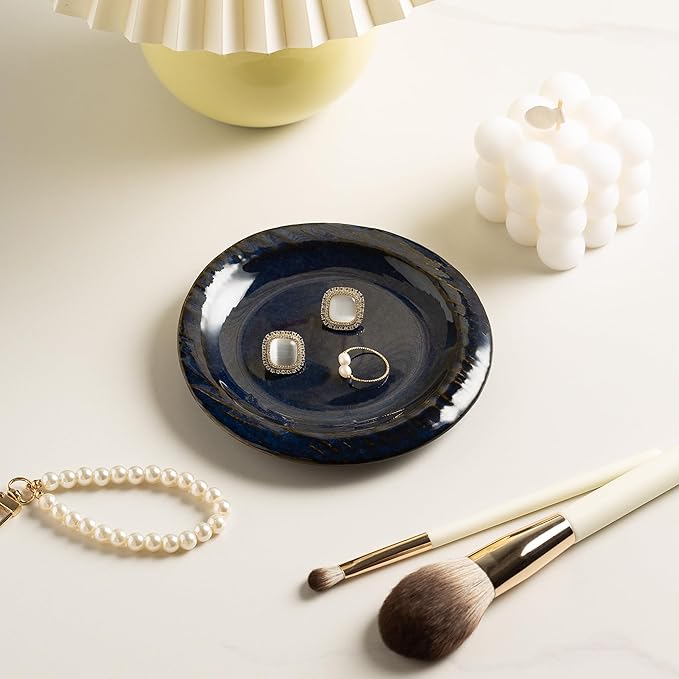 Ring Dish Holder, Jewelry Dishes for Women, Ceramic Trinket Dish Tray, Cute Key Bowl, Decorative Jewelry Plate, Gift for Friends Sister Mom Daughter (blue)