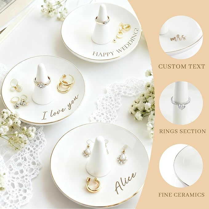 Personalized Mrs Ring Dish, Custom Ceramic Jewelry Dish, Holder Ring Holder for Friends,Birthday Mother's Day Christmas New Year Gift, Engrave Names, Dates or Special Messages