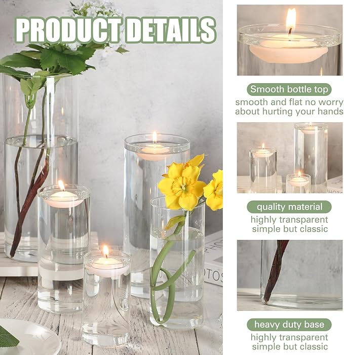 Jinei 48 Pcs 4 Sizes Glass Cylinder Vase Round Clear Vases Hurricane Floating Candle Holder with 96 Pcs Floating Candles for Holiday Wedding Centerpieces Party Event Home Decor (4/6/ 8/10 Inch Tall)