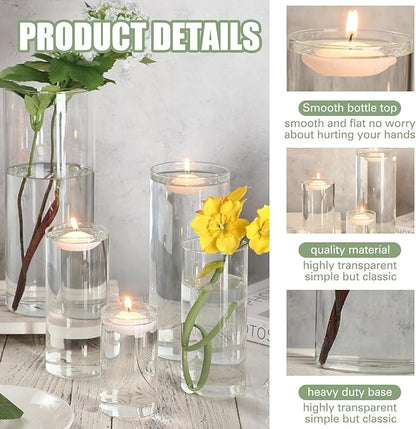 Jinei 48 Pcs 4 Sizes Glass Cylinder Vase Round Clear Vases Hurricane Floating Candle Holder with 96 Pcs Floating Candles for Holiday Wedding Centerpieces Party Event Home Decor (4/6/ 8/10 Inch Tall)