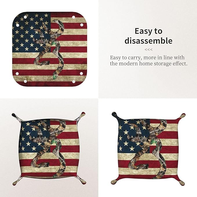 Valet Tray for Men Husband Boyfriend – Catchall Bedside Vanity Tray, Nightstand Caddy Leather Holder for Keys, Phone, Wallet, Coins, Trinkets & Jewelry Camo Deer American Flag Hunting 019