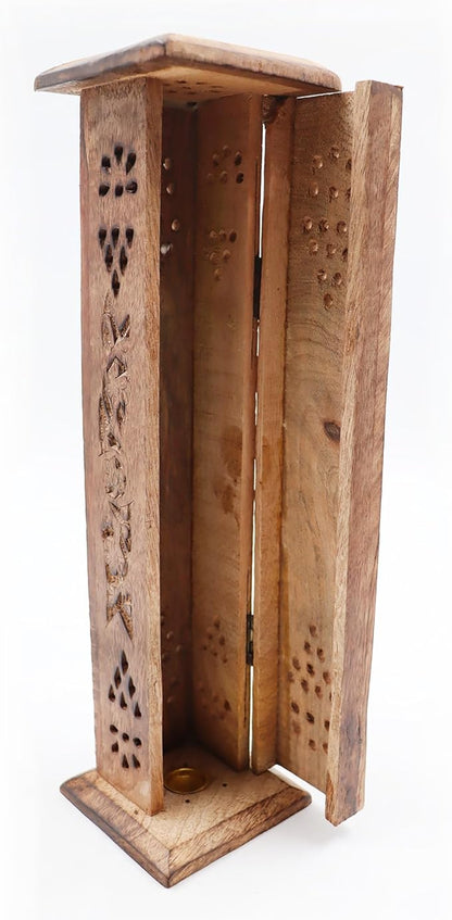 Hosley Hand-Carved Wooden Incense Stick Holder Tower – Tall Decorative Burner Box with Hinged Door for Aromatherapy, Meditation, Yoga, Home & Office Décor (Includes 20 Incense Sticks)