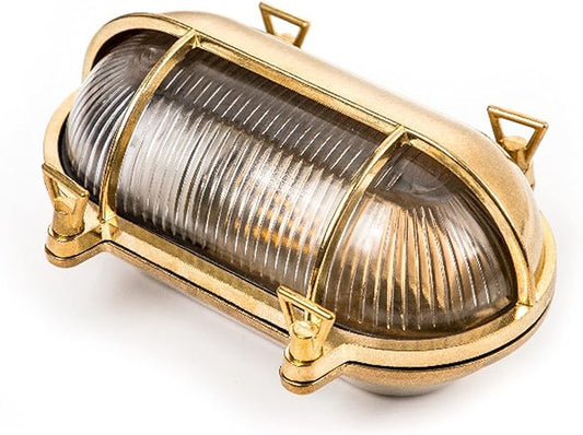 Sunluck Brass Nautical Bulkhead Light,Grid Oval Wall Light,Brass Half Cover Lampshade,Ceiling Mount Light,Waterproof IP65,Rust Resistant,for Wet Location Bath,Seaside,Ship,Basement