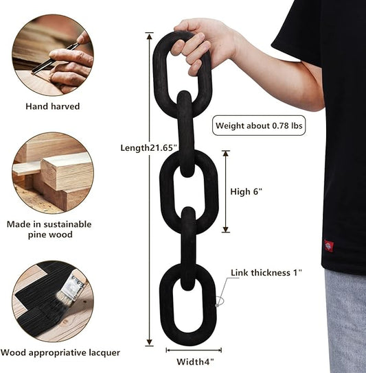 Decorative Wood Chain Link Modern Boho Home Farmhouse Decor, 5 Link Chain Decor Hand-Carved Wooden Aesthetic Crafts, Sustainable Pine Wood for Shelf, Living Room, Rustic Country(Black)