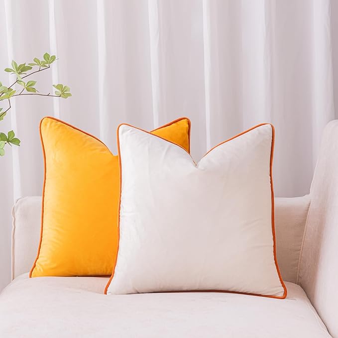 LIGICKY Orange Yellow and Cream White Velvet Throw Pillow Covers 18x18 inch, Set of 2 Modern Double-Sided Design, Soft Square Decorative Cushion Cases with Rope Edging for Home Decor