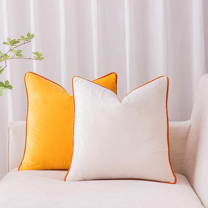 LIGICKY Orange Yellow and Cream White Velvet Throw Pillow Covers 18x18 inch, Set of 2 Modern Double-Sided Design, Soft Square Decorative Cushion Cases with Rope Edging for Home Decor