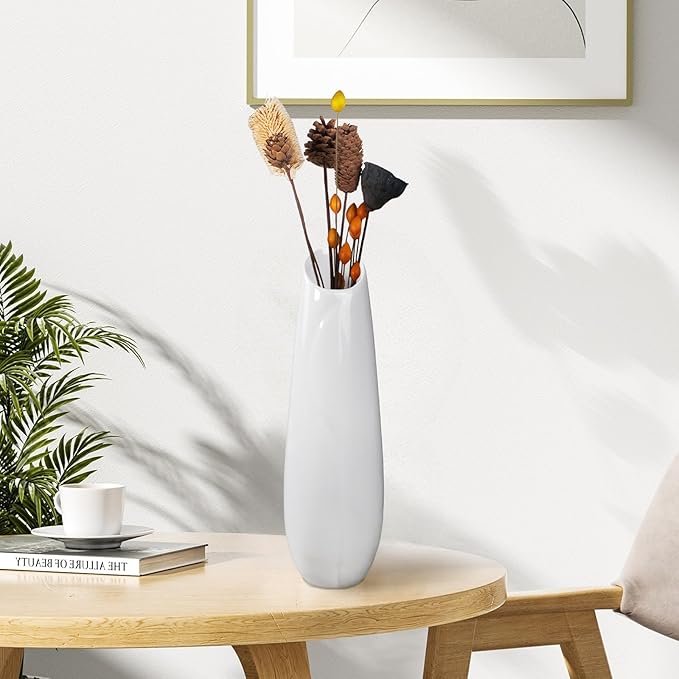 12Inch Tall White Ceramic Flower Vase,Home Decor White Vases for Pampas Grass,Modern Textured Vases for Living Room Decorations,Shelf,Table Centerpieces,Farmhouse Small Ceramic Vase