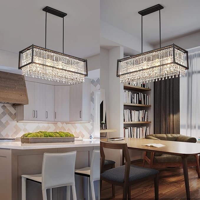 LMQNINE Modern Rectangle Chandelier for Dining Room, Black Crystal Chandelier Linear Light Fixture, Farmhouse Chandeliers for Kitchen Island, Bar Table, L35.43'' x W11.81'' x H9.84''