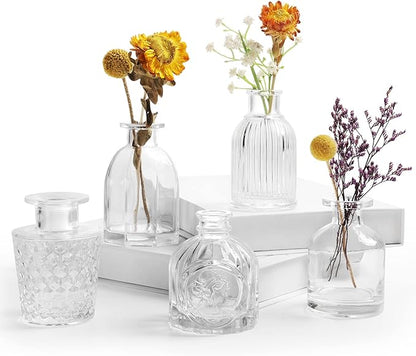 Bud Vases in Bulk - Small Glass Vase Set of 5 Different Shape Vintage, Mini Vases Clear Small Vases for Flowers, Glass Bud Vase Glass Flower Clear Vases for Centerpiece Bulk, Wedding Table