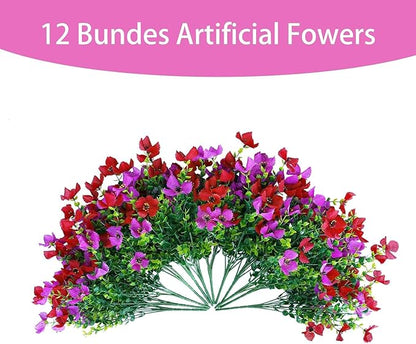 Artificial Faux Plants Flowers Outdoor Spring Summer Decoration, 12 Bundles Fake Silk Colorful Daisy Eucalyptus Realistic UV Resistant for Outside Home Planter Porch Patio Yard Decor (Red Purple)