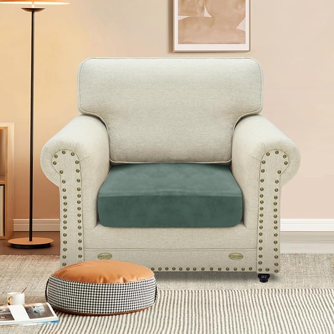 MAXIJIN Velvet Stretch Cushion Cover Fitted Couch Cushion Slipcovers 1 Pack Arm Chair Seat Cushion Cover for Individual Cushion Sofa Chair with Elastic Bottom (Chair Cushion, Pea Green)