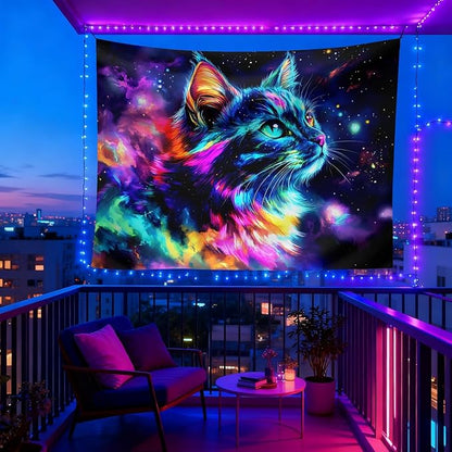 seewan Black Light Cat Tapestry, Space Galaxy Cat Tapestry, Glow-in-the-Dark UV-Reactive Black Light Standing Tapestry, Psychedelic Starry Night Wall Hanging, Bedroom Dorm Living Room Background Decor
