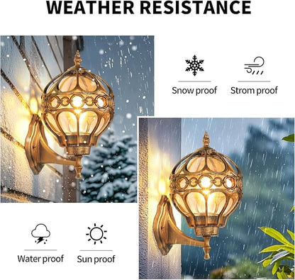 Gold Outdoor Wall Light Fixtures, Globe Exterior Aluminum Waterproof Porch Lights, Sphere Anti-Rust Outside Lantern Wall Mount with Amber Glass for Patio Backyard Garage Doorway Front Door