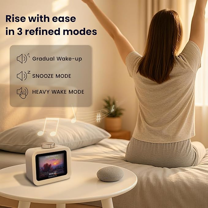 Dekala ChronoSense Alarm Clock for Bedroom Temperature Humidity, 7-Day Programmable 4 Alarms, 100dB Loud Gradual Alarm for Heavy Sleeper, Visual Timer Clock Radio，White Noise Sound Machine