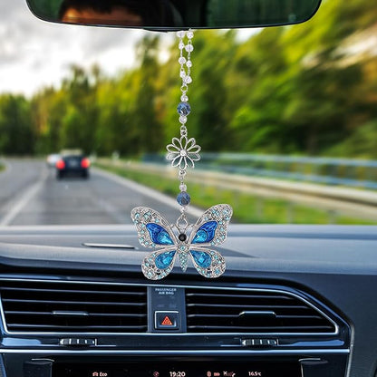 Rear View Mirror Accessories Car Charms - Blue Butterfly Resin Crystal Rhinestone Hanging Pendant, Cute Sun Catcher Accessory, Halloween for Mom Driver Friends