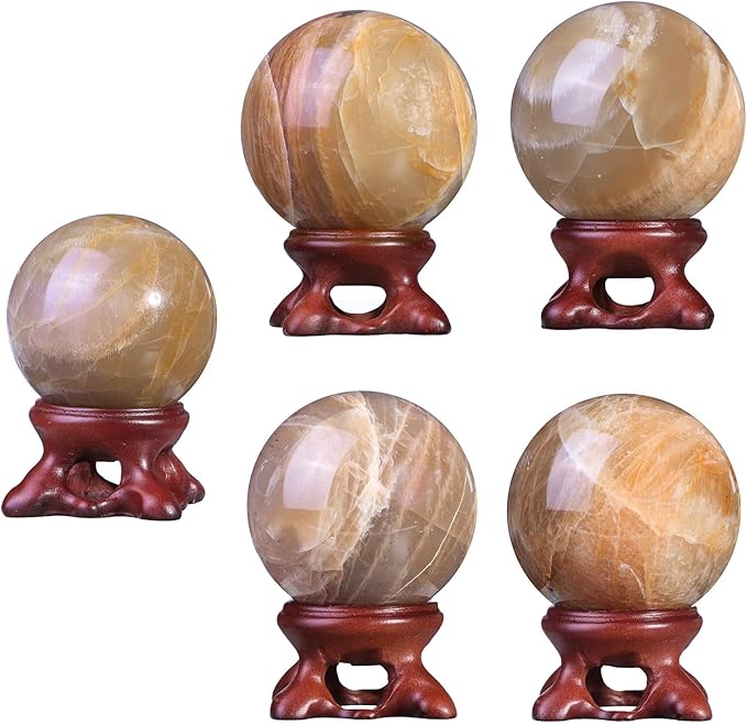 SUNYIK Natural Orange Moonstone Ball Sphere with Resin Stand Polished Crystal Sphere Stone Figurine Decor for Home Office Tabletop, 1.6-1.9"(41-50mm)