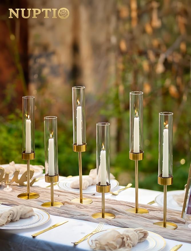 NUPTIO Candlestick Holders for Table Centerpiece: Set of 3 Gold Candle Sticks Holder with Clear Glass Hurricane - Tall Brass Taper Candle Holders for Outdoor Wedding Birthday Decor