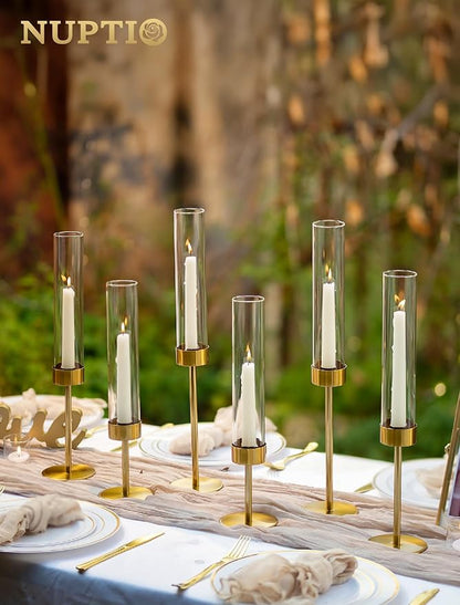NUPTIO Hurricane Candle Holder for Centerpiece: Set of 6 Gold Taper Candle Holders Bulk - Tall Brass Candlestick Holders with Cylinder Shape Cover for Dinner Table Christmas Decor