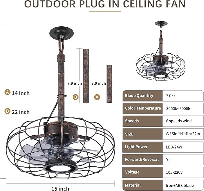 15" Outdoor Ceiling Fan with Light, with Remote and App Remote, IP65 Waterproof Gazebo Hanging Fan, 3CCT Dimmable, Portable Plug in Ceiling Fan with Cord Hook for Patio Porch Pergola (Antique Bronze)