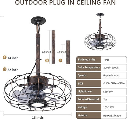 15" Outdoor Ceiling Fan with Light, with Remote and App Remote, IP65 Waterproof Gazebo Hanging Fan, 3CCT Dimmable, Portable Plug in Ceiling Fan with Cord Hook for Patio Porch Pergola (Antique Bronze)