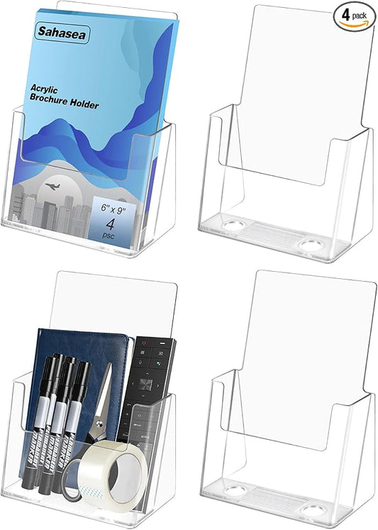 Brochure Holder 6 x 9, 4 Pack Flyer Holder for Real Estate, Acrylic Sign Holder, Clear Brochure Display Stand for Store Office, Magazine Holder for Pamphlet Literature Document Menu