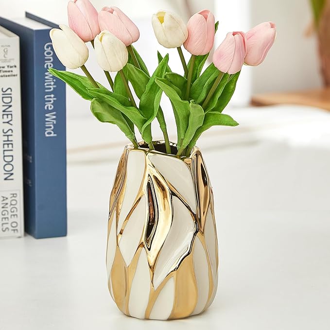 Cream White Ceramic Vase for Flowers, Gold Flower Vase Modern Home Decor, Small Ceramic Vase for Pampas Grass Decorative Vase, for Farmhouse Coffee Table Bookshelf (Small)