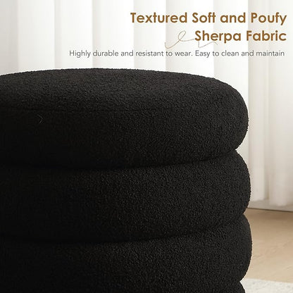 Flouki 20.1" Storage Ottoman Round, Vanity Stools for Bedroom, Sherpa Pouf Ottoman with Removable Lid, Modern Ottoman Stool for Girls Women, Foot Stool for Living Room, Black
