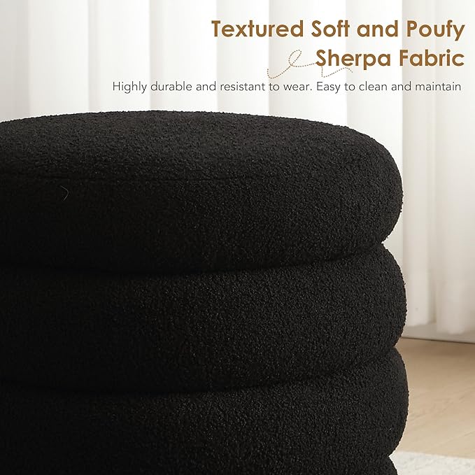 Flouki 20.1" Storage Ottoman Round, Vanity Stools for Bedroom, Entryway Ottoman for Console Table, Ottoman Stool for Girls Women, Foot Stool for Living Room Set of 2, Sherpa Black