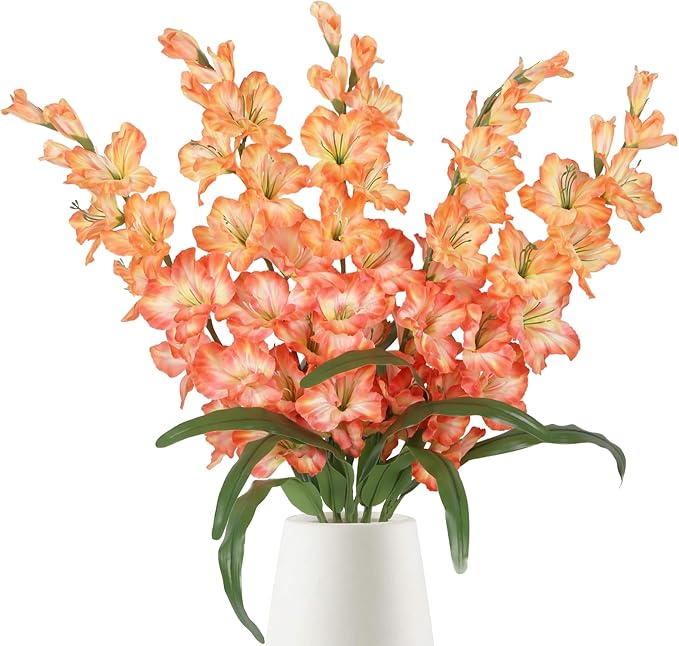 IPOPU Orange Fake Flowers - 5PCS Gladiolus Artificial Flowers, 33" Silk Gladiolus Faux Flowers with Long Stems for Tall Vase Wedding Centerpieces, Home Table Party Decor