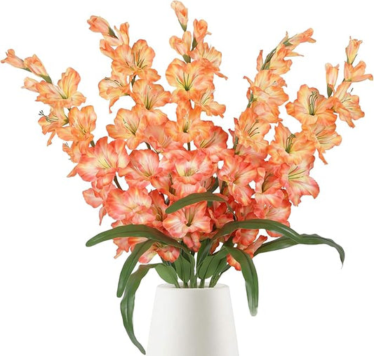 IPOPU Orange Fake Flowers - 5PCS Gladiolus Artificial Flowers, 33" Silk Gladiolus Faux Flowers with Long Stems for Tall Vase Wedding Centerpieces, Home Table Party Decor