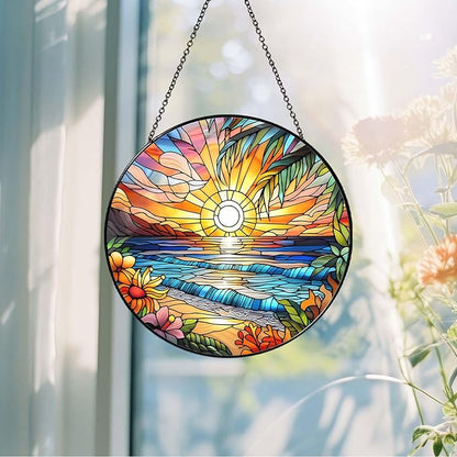 Beach Sunset Sun Catcher Stained Glass Window Hanging 6'', Beach Lovers Gifts for Women Kitchen Decor Landscape Decoration for Home Garden Housewarming Gifts
