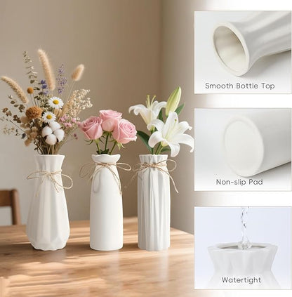 White Ceramic Vase,Modern Ceramic Vases Set of 3,White Tall Flower Vases for centerpieces,Rustic Farmhouse Boho Vase for Table Living Room Bathroom Kitchen Shelf Bedroom Office Party